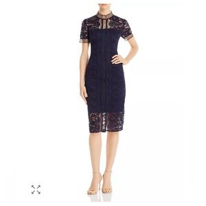 Eliza J | Anthropologie Navy Blue Illusion Lace Midi Dress Size 8